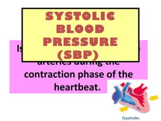 Is a pressure exerted on the
arteries during the
contraction phase of the
heartbeat.
SYSTOLIC
BLOOD
PRESSURE
(SBP)
 