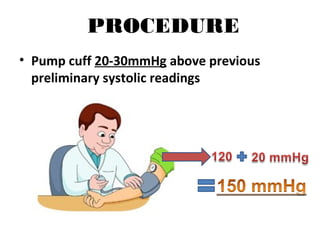 PROCEDURE
• Pump cuff 20-30mmHg above previous
preliminary systolic readings
 