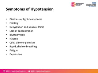 Symptoms of Hypotension
• Dizziness or light-headedness
• Fainting
• Dehydration and unusual thirst
• Lack of concentration
• Blurred vision
• Nausea
• Cold, clammy pale skin
• Rapid, shallow breathing
• Fatigue
• Depression
 