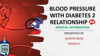 ALPINE SKI HOUSE
BLOOD PRESSURE
WITH DIABETES 2
RELATIONSHIP 🔁
MEDICAL INFORMATION
PRESENTED BY
MARTIN SHAJI
PHARM D
 