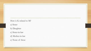 How is K related to M?
a) Sister
b) Daughter
c) Sister-in-law
d) Mother-in-law
e) None of these
 
