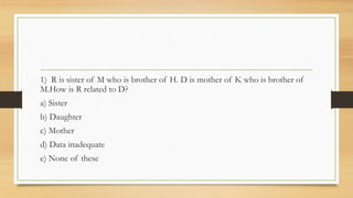 1) R is sister of M who is brother of H. D is mother of K who is brother of
M.How is R related to D?
a) Sister
b) Daughter
c) Mother
d) Data inadequate
e) None of these
 