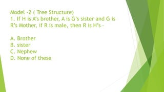 Model -2 ( Tree Structure)
1. If H is A’s brother, A is G’s sister and G is
R’s Mother, if R is male, then R is H’s –
A. Brother
B. sister
C. Nephew
D. None of these
 