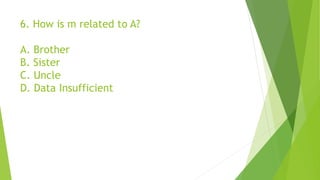 6. How is m related to A?
A. Brother
B. Sister
C. Uncle
D. Data Insufficient
 