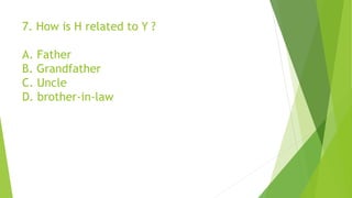 7. How is H related to Y ?
A. Father
B. Grandfather
C. Uncle
D. brother-in-law
 