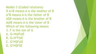 Model-3 (Coded relations)
If A+B means A is the mother of B
A*B means A is the father of B
A$B means A is the brother of B
A@B means A is the sister of B
Which of the following means
3. F is the son of G
A. G+H@F@E
B. G+H*F@E
C. G*H$F@E
D. G*H$F$E
 