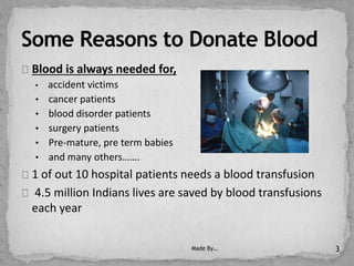 Blood is always needed for,
• accident victims
• cancer patients
• blood disorder patients
• surgery patients
• Pre-mature, pre term babies
• and many others…….
1 of out 10 hospital patients needs a blood transfusion
4.5 million Indians lives are saved by blood transfusions
each year
Made By… 3
 