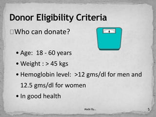 Who can donate?
• Age: 18 - 60 years
• Weight : > 45 kgs
• Hemoglobin level: >12 gms/dl for men and
12.5 gms/dl for women
• In good health
Made By… 5
 