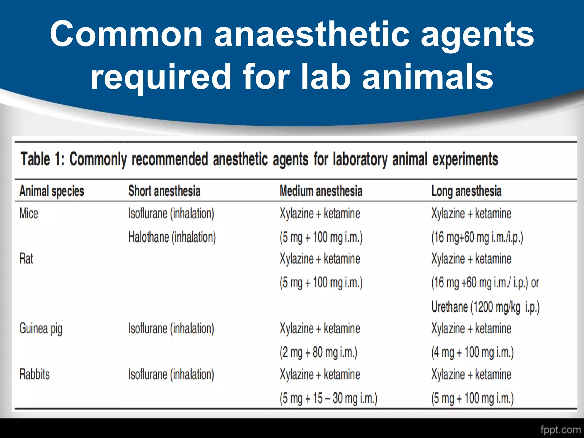 Common anaesthetic agents
required for lab animals
 