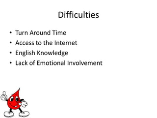 DifficultiesTurn Around TimeAccess to the InternetEnglish KnowledgeLack of Emotional Involvement 