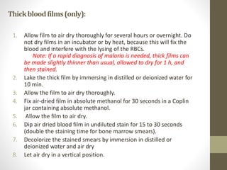Thickbloodfilms(only):
1. Allow film to air dry thoroughly for several hours or overnight. Do
not dry films in an incubator or by heat, because this will fix the
blood and interfere with the lysing of the RBCs.
Note: If a rapid diagnosis of malaria is needed, thick films can
be made slightly thinner than usual, allowed to dry for 1 h, and
then stained.
2. Lake the thick film by immersing in distilled or deionized water for
10 min.
3. Allow the film to air dry thoroughly.
4. Fix air-dried film in absolute methanol for 30 seconds in a Coplin
jar containing absolute methanol.
5. Allow the film to air dry.
6. Dip air dried blood film in undiluted stain for 15 to 30 seconds
(double the staining time for bone marrow smears).
7. Decolorize the stained smears by immersion in distilled or
deionized water and air dry
8. Let air dry in a vertical position.
 