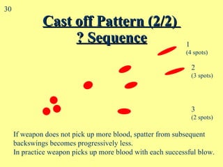 Cast off Pattern (2/2)  ? Sequence 1 (4 spots) 2 (3 spots) 3 (2 spots) If weapon does not pick up more blood, spatter from subsequent backswings becomes progressively less. In practice weapon picks up more blood with each successful blow. 30 
