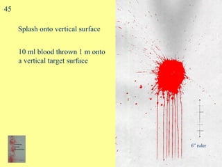 Splash onto vertical surface 6” ruler 10 ml blood thrown 1 m onto  a vertical target surface 45 