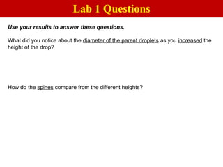 Use your results to answer these questions.
What did you notice about the diameter of the parent droplets as you increased the
height of the drop?
How do the spines compare from the different heights?
Lab 1 Questions
 