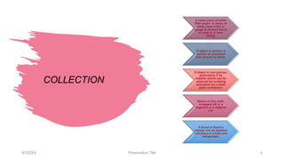 COLLECTION
9/3/20XX Presentation Title 4
A clean piece of white
filter paper, or piece of
white clean cloth or
gauge & allowed blood
to soak in it, then
drying.
If object is porous, a
portion of unstained
area should be taken.
If object is non-porous,
particularly if its
metallic stains can be
removed by scraping
and place on a small
glass containers.
Stains on the cloth,
scrapped off or a
fragment or a material
cut.
If blood is liquid a
sample can be pipetted
and place in a tube and
refrigerated.
 