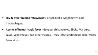 Viral Etiology
▰ HIV & other human retroviruses–attack CD4 T lymphocytes and
macrophages.
▰ Agents of hemorrhagic fever - dengue, chikungunya, Ebola, Marburg,
Lassa, yellow fever, and other viruses – they infect endothelial cells (Yellow
fever virus)
13
 