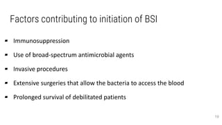 Factors contributing to initiation of BSI
▰ Immunosuppression
▰ Use of broad-spectrum antimicrobial agents
▰ Invasive procedures
▰ Extensive surgeries that allow the bacteria to access the blood
▰ Prolonged survival of debilitated patients
19
 