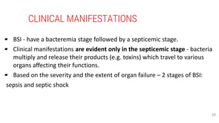 CLINICAL MANIFESTATIONS
▰ BSI - have a bacteremia stage followed by a septicemic stage.
▰ Clinical manifestations are evident only in the septicemic stage - bacteria
multiply and release their products (e.g. toxins) which travel to various
organs affecting their functions.
▰ Based on the severity and the extent of organ failure – 2 stages of BSI:
sepsis and septic shock
25
 
