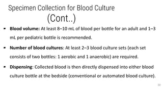 Specimen Collection for Blood Culture
(Cont..)
▰ Blood volume: At least 8–10 mL of blood per bottle for an adult and 1–3
mL per pediatric bottle is recommended.
▰ Number of blood cultures: At least 2–3 blood culture sets (each set
consists of two bottles: 1 aerobic and 1 anaerobic) are required.
▰ Dispensing: Collected blood is then directly dispensed into either blood
culture bottle at the bedside (conventional or automated blood culture).
30
 