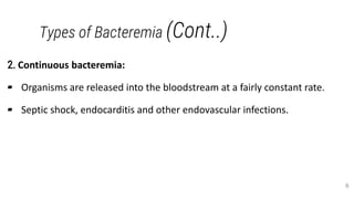 Types of Bacteremia (Cont..)
2. Continuous bacteremia:
▰ Organisms are released into the bloodstream at a fairly constant rate.
▰ Septic shock, endocarditis and other endovascular infections.
6
 