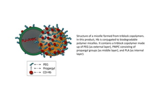 Structure of a micelle formed from triblock copolymers.
In this product, Hb is conjugated to biodegradable
polymer micelles. It contains a triblock copolymer made
up of PEG (as external layer), PMPC consisting of
propargyl groups (as middle layer), and PLA (as internal
layer).
 