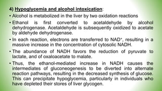 4) Hypoglycemia and alcohol intoxication:
• Alcohol is metabolized in the liver by two oxidation reactions
• Ethanol is first converted to acetaldehyde by alcohol
dehydrogenase. Acetaldehyde is subsequently oxidized to acetate
by aldehyde dehydrogenase.
• In each reaction, electrons are transferred to NAD+, resulting in a
massive increase in the concentration of cytosolic NADH.
• The abundance of NADH favors the reduction of pyruvate to
lactate, and of oxaloacetate to malate.
• Thus, the ethanol-mediated increase in NADH causes the
intermediates of gluconeogenesis to be diverted into alternate
reaction pathways, resulting in the decreased synthesis of glucose.
This can precipitate hypoglycemia, particularly in individuals who
have depleted their stores of liver glycogen.
 