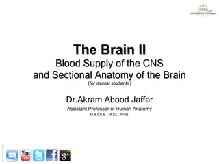 The Brain II
                        Blood Supply of the CNS
                   and Sectional Anatomy of the Brain
                                  (for dental students)


                          Dr.Akram Abood Jaffar
                          Assistant Professor of Human Anatomy
                                   M.B.Ch.B., M.Sc., Ph.D.
Dr. Akram Jaffar




                                                                 Dr. Akram Jaffar
 