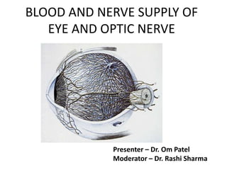 BLOOD AND NERVE SUPPLY OF
EYE AND OPTIC NERVE
Presenter – Dr. Om Patel
Moderator – Dr. Rashi Sharma
 