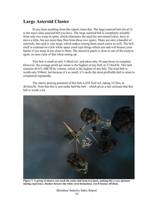 Large Asteroid Cluster
         If you learn anything from this report, learn this. The large asteroid belt (level 3)
is the most value asteroid belt you have. The large asteroid belt is completely minable
from only two warp-in spots, which eliminates the need for movement (okay, have to
move a little, but not more than 5km from those two spots). There are only a handful of
asteroids, but each is very large, which makes mining them much easier as well. The belt
itself is centered on a few white space coral type things which can and will bounce your
hauler if you warp in too close to them. The mercoxit patch is close to one of the warp-in
spots, so steer clear of that when setting up.

       This belt is small at only 5.38mil m3, and takes only 34 man-hours to complete.
However, the average profit per miner is the highest of any belt, at 27.4mil/hr. This belt
contains 44.6% ABCM by volume, which is the highest of any belt. The total belt is
worth only 930mil, but because it’s so small, it’s easily the most profitable belt to mine to
completion repeatedly.

        The cherry picking potential of this belt is 654.3mil m3, taking 16.2hrs, at
40.4mil/hr. Note that this is just under half the belt – which gives a fair estimate that this
belt is worth a lot.




Figure 7: A group of miners can reach the entire belt from two spots, making this a very pleasant
mining experience. Haulers beware the white coral formations, you’ll bounce off them.

                              Bloodtear Industry Index Report
                                            10
 
