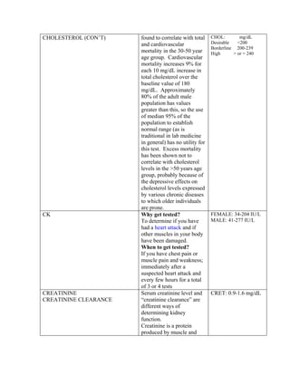 CHOLESTEROL (CON’T)    found to correlate with total    CHOL:        mg/dL
                       and cardiovascular               Desirable   <200
                                                        Borderline 200-239
                       mortality in the 30-50 year      High      > or = 240
                       age group. Cardiovascular
                       mortality increases 9% for
                       each 10 mg/dL increase in
                       total cholesterol over the
                       baseline value of 180
                       mg/dL. Approximately
                       80% of the adult male
                       population has values
                       greater than this, so the use
                       of median 95% of the
                       population to establish
                       normal range (as is
                       traditional in lab medicine
                       in general) has no utility for
                       this test. Excess mortality
                       has been shown not to
                       correlate with cholesterol
                       levels in the >50 years age
                       group, probably because of
                       the depressive effects on
                       cholesterol levels expressed
                       by various chronic diseases
                       to which older individuals
                       are prone.
CK                     Why get tested?                  FEMALE: 34-204 IU/L
                       To determine if you have         MALE: 41-277 IU/L
                       had a heart attack and if
                       other muscles in your body
                       have been damaged.
                       When to get tested?
                       If you have chest pain or
                       muscle pain and weakness;
                       immediately after a
                       suspected heart attack and
                       every few hours for a total
                       of 3 or 4 tests
CREATININE             Serum creatinine level and       CRET: 0.9-1.6 mg/dL
CREATININE CLEARANCE   “creatinine clearance” are
                       different ways of
                       determining kidney
                       function.
                       Creatinine is a protein
                       produced by muscle and
 