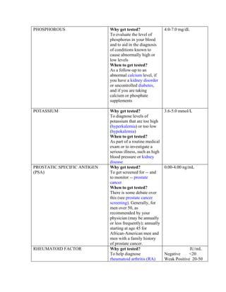 PHOSPHOROUS                  Why get tested?                 4.0-7.0 mg/dL
                             To evaluate the level of
                             phosphorus in your blood
                             and to aid in the diagnosis
                             of conditions known to
                             cause abnormally high or
                             low levels
                             When to get tested?
                             As a follow-up to an
                             abnormal calcium level, if
                             you have a kidney disorder
                             or uncontrolled diabetes,
                             and if you are taking
                             calcium or phosphate
                             supplements

POTASSIUM                    Why get tested?                 3.6-5.0 mmol/L
                             To diagnose levels of
                             potassium that are too high
                             (hyperkalemia) or too low
                             (hypokalemia)
                             When to get tested?
                             As part of a routine medical
                             exam or to investigate a
                             serious illness, such as high
                             blood pressure or kidney
                             disease
PROSTATIC SPECIFIC ANTIGEN   Why get tested?                 0.00-4.00 ng/mL
(PSA)                        To get screened for -- and
                             to monitor -- prostate
                             cancer
                             When to get tested?
                             There is some debate over
                             this (see prostate cancer
                             screening). Generally, for
                             men over 50, as
                             recommended by your
                             physician (may be annually
                             or less frequently); annually
                             starting at age 45 for
                             African-American men and
                             men with a family history
                             of prostate cancer.
RHEUMATOID FACTOR            Why get tested?                              IU/mL
                             To help diagnose                Negative     <20
                             rheumatoid arthritis (RA)       Weak Positive 20-50
 