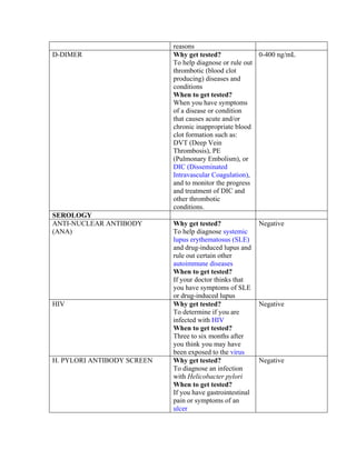 reasons
D-DIMER                     Why get tested?              0-400 ng/mL
                            To help diagnose or rule out
                            thrombotic (blood clot
                            producing) diseases and
                            conditions
                            When to get tested?
                            When you have symptoms
                            of a disease or condition
                            that causes acute and/or
                            chronic inappropriate blood
                            clot formation such as:
                            DVT (Deep Vein
                            Thrombosis), PE
                            (Pulmonary Embolism), or
                            DIC (Disseminated
                            Intravascular Coagulation),
                            and to monitor the progress
                            and treatment of DIC and
                            other thrombotic
                            conditions.
SEROLOGY
ANTI-NUCLEAR ANTIBODY       Why get tested?                Negative
(ANA)                       To help diagnose systemic
                            lupus erythematosus (SLE)
                            and drug-induced lupus and
                            rule out certain other
                            autoimmune diseases
                            When to get tested?
                            If your doctor thinks that
                            you have symptoms of SLE
                            or drug-induced lupus
HIV                         Why get tested?                Negative
                            To determine if you are
                            infected with HIV
                            When to get tested?
                            Three to six months after
                            you think you may have
                            been exposed to the virus
H. PYLORI ANTIBODY SCREEN   Why get tested?                Negative
                            To diagnose an infection
                            with Helicobacter pylori
                            When to get tested?
                            If you have gastrointestinal
                            pain or symptoms of an
                            ulcer
 