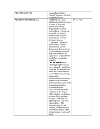 ALBUMIN (CON’T)        cancer chemotherapy,
                       Cushing’s disease, familial
                       hypoproteinemia).
ALKALINE PHOSPHATASE   INCREASED serum                49-142 IU/L
                       alkaline phosphatase is seen
                       in states of increased
                       osteoblastic activity
                       (hyperparathyroidism,
                       osteomalacia, primary and
                       metastatic neoplasms),
                       hepatobiliary diseases
                       characterized by some
                       degree of intra- or
                       extrahepatic cholestasis,
                       and in sepsis, chronic
                       inflammatory bowel
                       disease, and thyrotoxicosis.
                       Isoenzymes determination
                       may help determine the
                       organ/tissue responsible for
                       an alkaline phosphatase
                       elevation.
                       DECREASED serum
                       alkaline phosphatase may
                       not be clinically significant.
                       However, decreased serum
                       levels have been observed
                       in hypothyroidism, scurvy,
                       kwashiorkor,
                       achrondroplastic dwarfism,
                       deposition of radioactive
                       materials in bone, and in the
                       rare genetic condition
                       hypophosphatasia.
                       There are probably more
                       variations in the way in
                       which alkaline phosphatase
                       is assayed than any other
                       enzyme. Therefore, the
                       reporting units vary from
                       place to place. The
                       reference range for the
                       assaying laboraotory must
                       be carefully studied when
                       interpreting any individual
                       result.
 