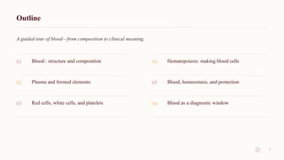 Outline
A guided tour of blood—from composition to clinical meaning.
01 Blood : structure and composition
02 Plasma and formed elements
03 Red cells, white cells, and platelets
04 Hematopoiesis: making blood cells
05 Blood, homeostasis, and protection
06 Blood as a diagnostic window
1
 