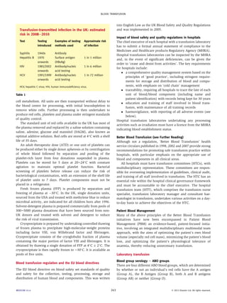 cell metabolism. All units are then transported without delay to 
the blood centre for processing, with initial leucodepletion to 
remove white cells. Further processing is then undertaken to 
produce red cells, platelets and plasma under stringent standards 
of quality control. 
The standard unit of red cells available in the UK has most of 
the plasma removed and replaced by a saline solution containing 
saline, adenine, glucose and mannitol (SAGM), also known as 
optimal additive solution. Red cells are stored at 4C with a shelf 
life of 35 days. 
An adult therapeutic dose (ATD) or one unit of platelets can 
be produced either by single donor apheresis or by centrifugation 
of whole blood followed by separation and pooling of the 
platelet-rich layer from four donations suspended in plasma. 
Platelets can be stored for 5 days at 20e24C with constant 
agitation to maintain optimal platelet function. Bacterial 
screening of platelets before release can reduce the risk of 
bacteriological contamination, with an extension of the shelf life 
of platelet units to 7 days. Platelet components must not be 
placed in a refrigerator. 
Fresh frozen plasma (FFP) is produced by separation and 
freezing of plasma at 30C. In the UK, single donation units, 
sourced from the USA and treated with methylene blue to reduce 
microbial activity, are indicated for all children born after 1996. 
Solvent-detergent plasma is prepared commercially from pools of 
300e5000 plasma donations that have been sourced from non- 
UK donors and treated with solvent and detergent to reduce 
the risk of viral transmission. 
Cryoprecipitate is prepared by undertaking controlled thawing 
of frozen plasma to precipitate high-molecular-weight proteins 
including factor VIII, von Willebrand factor and fibrinogen. 
Cryoprecipitate consists of the cryoglobulin fraction of plasma 
containing the major portion of factor VIII and fibrinogen. It is 
obtained by thawing a single donation of FFP at 4C  2C. The 
cryoprecipitate is then rapidly frozen to e30C. It is available as 
pools of five units. 
Blood transfusion regulation and the EU blood directives 
The EU blood directive on blood safety set standards of quality 
and safety for the collection, testing, processing, storage and 
distribution of human blood and components. This was written 
into English Law as the UK Blood Safety and Quality Regulations 
and was implemented in 2005. 
Impact of blood safety and quality regulations in hospitals 
The chief executive of each hospital with a transfusion laboratory 
has to submit a formal annual statement of compliance to the 
Medicines and Healthcare products Regulatory Agency (MHRA). 
Hospital transfusion laboratories can be inspected by the MHRA 
and, in the event of significant deficiencies, can be given the 
order to ‘cease and desist from activities’. The key requirements 
for hospitals include: 
 a comprehensive quality management system based on the 
principles of ‘good practice’, including stringent require-ments 
for storage and distribution of blood and compo-nents, 
with emphasis on ‘cold chain’ management 
 traceability, requiring all hospitals to trace the fate of each 
unit of blood/blood component (including name and 
patient identification) with records being kept for 30 years 
 education and training of staff involved in blood trans-fusion, 
with maintenance of all training records 
 haemovigilance, with reporting of all adverse events (see 
below). 
Hospital transfusion laboratories undertaking any processing 
activities such as irradiation must have a licence from the MHRA 
indicating blood establishment status. 
Better Blood Transfusion (see Further Reading) 
Although not a regulation, ‘Better Blood Transfusion’ health 
service circulars published in 1998, 2002 and 2007 provide strong 
recommendations for promoting safe transfusion practice within 
hospitals, with particular emphasis on the appropriate use of 
blood and components in all clinical areas. 
All hospitals must have transfusion committees (HTCs), with 
multidisciplinary representation. These committees are respon-sible 
for overseeing implementation of guidelines, clinical audit, 
and training of all staff involved in transfusion. The HTC has an 
essential role within the hospital clinical governance framework 
and must be accountable to the chief executive. The hospital 
transfusion team (HTT), which comprises the transfusion nurse 
specialist, transfusion laboratory manager and consultant hae-matologist 
in transfusion, undertakes various activities on a day-to- 
day basis to achieve the objectives of the HTC. 
Patient Blood Management 
Many of the above principles of the Better Blood Transfusion 
initiatives have now been encompassed in Patient Blood 
Management (PBM) an evidence-based, patient-focused initia-tive, 
involving an integrated multidisciplinary multimodal team 
approach, with the aims of optimizing the patient’s own blood 
volume (especially red cell mass), minimizing the patient’s blood 
loss, and optimizing the patient’s physiological tolerance of 
anaemia, thereby reducing unnecessary transfusion. 
Laboratory transfusion 
Blood group serology e ABO groups 
There are four different ABO blood groups, which are determined 
by whether or not an individual’s red cells have the A antigen 
(Group A), the B Antigen (Group B), both A and B antigens 
(Group AB) or neither (Group O). 
Transfusion-transmitted infection in the UK: estimated 
risk in 2008e2010 
Test Testing 
introduced 
Examples of testing 
methods used 
Approximate risk 
of infection 
Syphilis 1940s Antibody 
Hepatitis B 1970 
onwards 
Surface antigen 
(HBsAg) 
1 in 1 million 
HIV 1985/2002 
onwards 
Antibody/nucleic 
acid testing 
1 in 6 million 
HCV 1991/1999 
onwards 
Antibody/nucleic 
acid testing 
1 in 72 million 
HCV, hepatitis C virus; HIV, human immunodeficiency virus. 
Table 1 
BLOOD TRANSFUSION 
MEDICINE 41:4 243  2013 Elsevier Ltd. All rights reserved. 
 