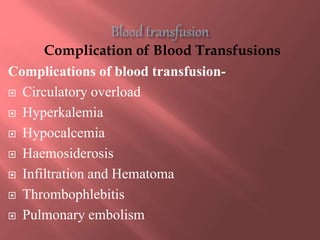 Complication of Blood Transfusions
Complications of blood transfusion-
 Circulatory overload
 Hyperkalemia
 Hypocalcemi...