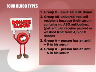 FOUR BLOOD TYPES
                   1. Group O- universal RBC donor
                   2. Group AB-universal red cell
                      recipient because their serum
                      contains no ABO antibodies.
                      (patient can receive packed or
                      washed RBC from A,B,or O
                      donors
                   3. Group A – person has an anti
                      – B in his serum
                   4. Group B – person has an anti
                      – A in his serum
 