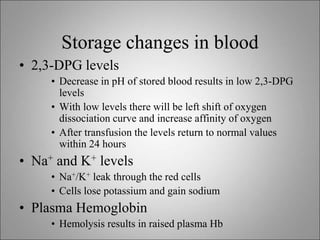 Storage changes in blood
• 2,3-DPG levels
• Decrease in pH of stored blood results in low 2,3-DPG
levels
• With low levels there will be left shift of oxygen
dissociation curve and increase affinity of oxygen
• After transfusion the levels return to normal values
within 24 hours
• Na+ and K+ levels
• Na+/K+ leak through the red cells
• Cells lose potassium and gain sodium
• Plasma Hemoglobin
• Hemolysis results in raised plasma Hb
 