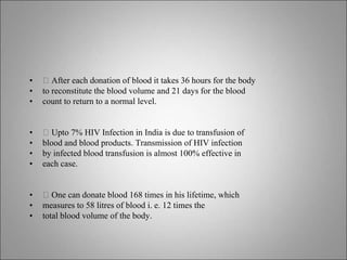 • 􀂙 After each donation of blood it takes 36 hours for the body
• to reconstitute the blood volume and 21 days for the blood
• count to return to a normal level.
• 􀂙 Upto 7% HIV Infection in India is due to transfusion of
• blood and blood products. Transmission of HIV infection
• by infected blood transfusion is almost 100% effective in
• each case.
• 􀂙 One can donate blood 168 times in his lifetime, which
• measures to 58 litres of blood i. e. 12 times the
• total blood volume of the body.
 
