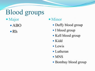 Blood groups
 Major
 ABO
 Rh
 Minor
 Duffy blood group
 I blood group
 Kell blood group
 Kidd
 Lewis
 Lutheran
 MNS
 Bombay blood group
 