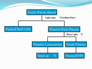 Fresh Whole Blood
Packed Red Cells
Light spin, o
C(within 8 hrs)
Platelet Rich Plasma
Platelet Concentrate Fresh Plasma
Store at o
C Freeze(FFP)
Heavy spin, o
C
 