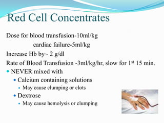 Red Cell Concentrates
Dose for blood transfusion-10ml/kg
cardiac failure-5ml/kg
Increase Hb by~ 2 g/dl
Rate of Blood Transfusion -3ml/kg/hr, slow for 1st 15 min.
 NEVER mixed with
 Calcium containing solutions
 May cause clumping or clots
 Dextrose
 May cause hemolysis or clumping
 