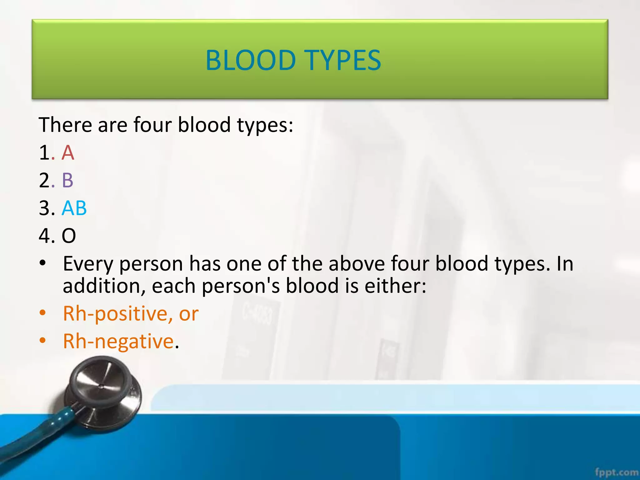 BLOOD TYPES
There are four blood types:
1. A
2. B
3. AB
4. O
• Every person has one of the above four blood types. In
addition, each person's blood is either:
• Rh-positive, or
• Rh-negative.
 