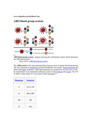 www.wikipedia.org/wiki/Blood Type
ABO blood group system
ABO blood group system - diagram showing the carbohydrate chains which determine
the ABO blood group
Main article: ABO blood group system
The ABO system is the most important blood group system in human blood transfusion.
The associated anti-A antibodies and anti-B antibodies are usually "Immunoglobulin M",
abbreviated IgM, antibodies. ABO IgM antibodies are produced in the first years of life
by sensitization to environmental substances such as food, bacteria and viruses. The "O"
in ABO is often called "0" (zero/null) in other languages.[14]
Phenotype Genotype
A AA or AO
B BB or BO
AB AB
O OO
 