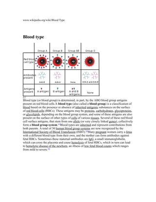 www.wikipedia.org/wiki/Blood Type
Blood type
Blood type (or blood group) is determined, in part, by the ABO blood group antigens
present on red blood cells.A blood type (also called a blood group) is a classification of
blood based on the presence or absence of inherited antigenic substances on the surface
of red blood cells (RBCs). These antigens may be proteins, carbohydrates, glycoproteins,
or glycolipids, depending on the blood group system, and some of these antigens are also
present on the surface of other types of cells of various tissues. Several of these red blood
cell surface antigens, that stem from one allele (or very closely linked genes), collectively
form a blood group system.[1]
Blood types are inherited and represent contributions from
both parents. A total of 30 human blood group systems are now recognized by the
International Society of Blood Transfusion (ISBT).[2]
Many pregnant women carry a fetus
with a different blood type from their own, and the mother can form antibodies against
fetal RBCs. Sometimes these maternal antibodies are IgG, a small immunoglobulin,
which can cross the placenta and cause hemolysis of fetal RBCs, which in turn can lead
to hemolytic disease of the newborn, an illness of low fetal blood counts which ranges
from mild to severe.[3]
 