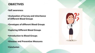 OBJECTIVES
•Self awareness
•Analyzation of Survey and Inheritance
of Different Blood Groups
•Genotypes of different Blood Groups
•Exploring Different Blood Groups
•Introduction to Blood Groups
•Diseases and Preventive Measures
•Conclusion
 