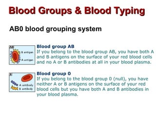 Blood Groups & Blood TypingBlood Groups & Blood Typing
AB0 blood grouping system
Blood group AB
If you belong to the blood group AB, you have both A
and B antigens on the surface of your red blood cells
and no A or B antibodies at all in your blood plasma.
Blood group 0
If you belong to the blood group 0 (null), you have
neither A or B antigens on the surface of your red
blood cells but you have both A and B antibodies in
your blood plasma.
 