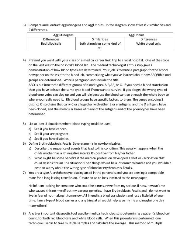 blood typing analysis venn diagram compare and contrast agglutinogens and agglutinins