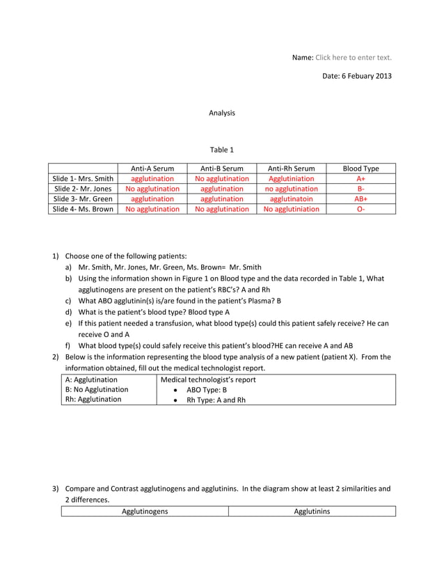 Blood typing analysis lab PDF