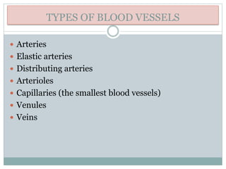 TYPES OF BLOOD VESSELS
 Arteries
 Elastic arteries
 Distributing arteries
 Arterioles
 Capillaries (the smallest blood vessels)
 Venules
 Veins
 